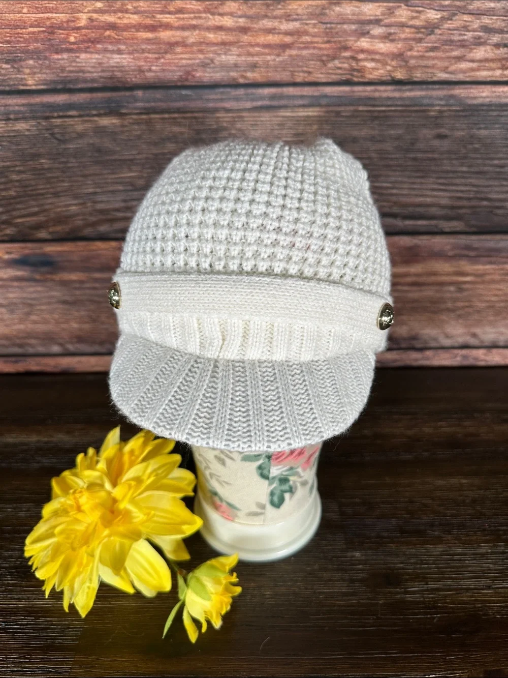 Michael Kors Cream Knit Visor Beanie with Logo Button